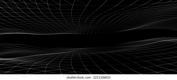 Abstract technology double wave of particles. Big data visualization. Vector dark background with motion dots and lines. Artificial intelligence.