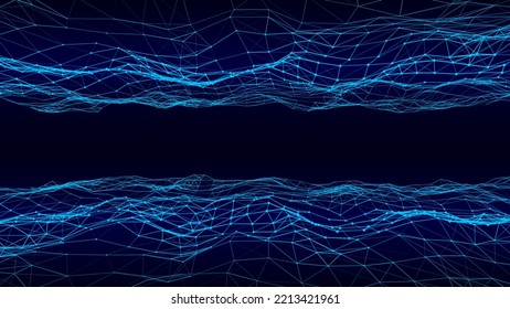 Abstract technology double wave of particles. Big data visualization. Vector dark background with motion dots and lines. Artificial intelligence.