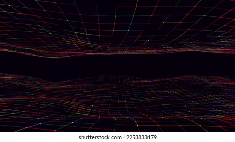 Resumen de la tecnología doble onda de partículas. Gran visualización de datos. Fondo oscuro vectorial con puntos de movimiento y líneas. Inteligencia artificial.