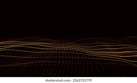 Abstract technology double wave of particles. Big data visualization. Vector dark background with motion dots and lines. Artificial intelligence.