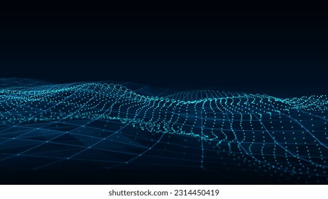Abstract technology double wave of particles. Big data visualization. Vector dark background with motion dots and lines. Artificial intelligence.
