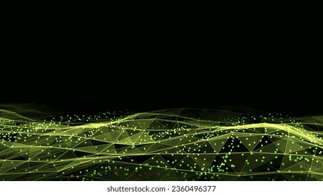 Abstract technology double wave of particles. Big data visualization. Vector dark background with motion dots and lines. Artificial intelligence.