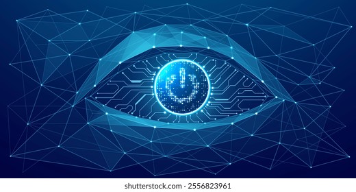 Abstract technology eye with a circle Power button with neon elements and circuit wires in electric blue. AI concept. Tech vision background. AI chip or abstract semiconductor bg. Vector illustration.