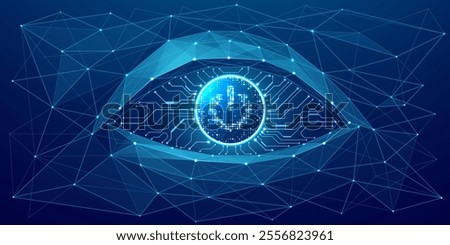 Abstract technology eye with a circle Power button with neon elements and circuit wires in electric blue. AI concept. Tech vision background. AI chip or abstract semiconductor bg. Vector illustration.