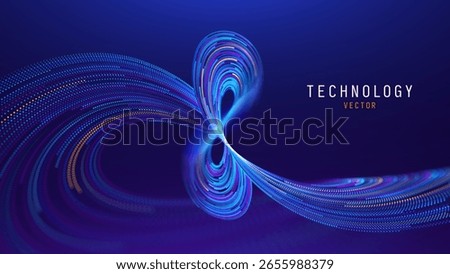 Abstract Technology Flow With Glowing Blue Particles Forming Infinity Shape. Science Tech Math Background. Data Flow Lines Futuristic AI Concept. Vector Illustration.