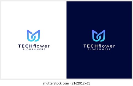 abstract technology with flower symbol logo design concept template