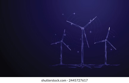 Abstract technology futuristic 3D windmill park. Sustainable energy on electric blue background. Low poly digital wireframe vector illustration.