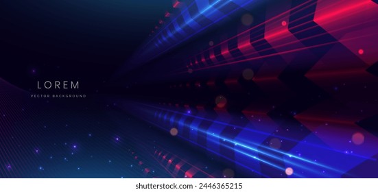 Abstract technology futuristic arrow glowing blue and red diagonal light lines. Speed motion blur effect on dark blue background. Vector illustration