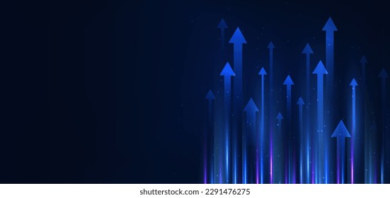 Tecnología abstracta futurista hacia arriba flechas azul claro sobre fondo azul oscuro. Se puede usar el crecimiento de negocios, el financiero, la inversión. Ilustración del vector