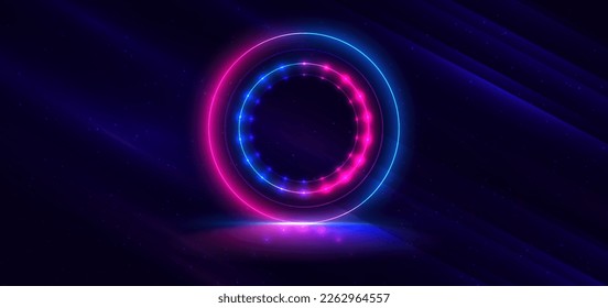 Abstract technology futuristic circles neon pink and blue light lines on dark blue background with dust galaxy and copy space for text. Vector illustration
