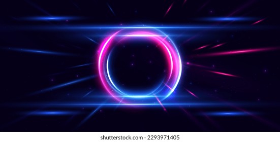 Abstract technology futuristic circles neon glowing blue and pink light lines with speed motion blur effect on dark blue background. Vector illustration