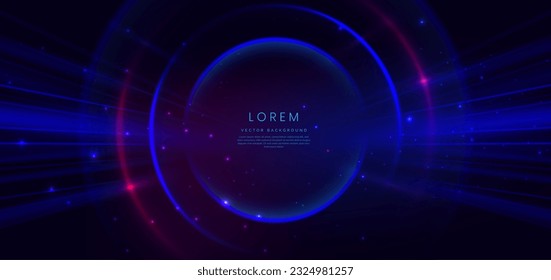 Abstract technology futuristic circles neon glowing blue and pink light lines with speed motion blur effect on dark blue background. Vector illustration