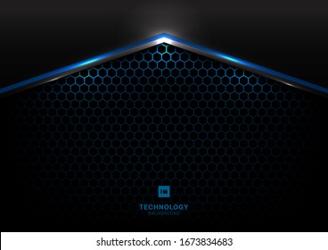 Abstract technology futuristic concept black and gray metallic overlap blue light hexagon mesh design modern background and texture. Vector illustration