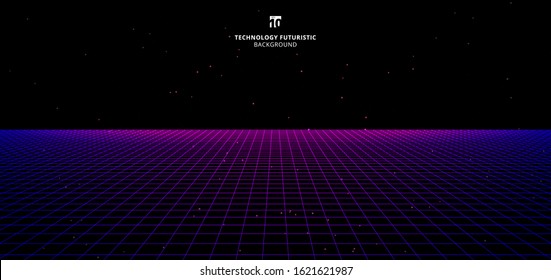 Abstract technology futuristic concept blue and pink grid perspective on black background and lighting, particles with space for your text. Banner web retro style. Vector illustration