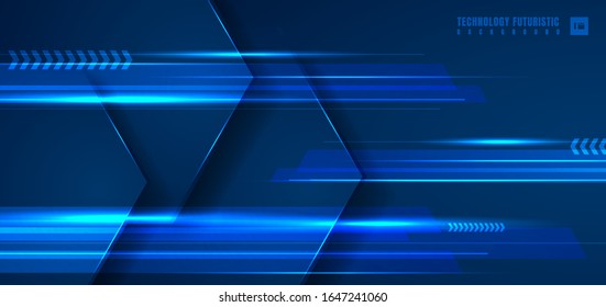 Abstract technology futuristic concept blue geometric hexagon with horizontal light line on dark blue background. Vector illustration