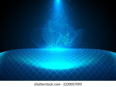 Resumen de tecnología concepto futurista líneas de cuadrícula azul del ciberespacio y efecto de iluminación con elementos de línea de humo y partículas de punto sobre fondo oscuro. Ilustración del vector