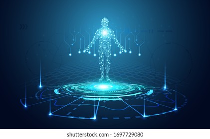 Abstract Technology Futuristic Concept Of Digital Human Body Digital Ai Future Design On Hi Tech Background.