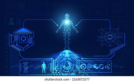 abstract technology futuristic concept of digital human body digital interface future design on hi tech background.	