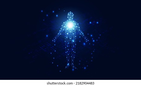 abstract technology futuristic concept of digital human body AI digital interface future design on hi tech background.	