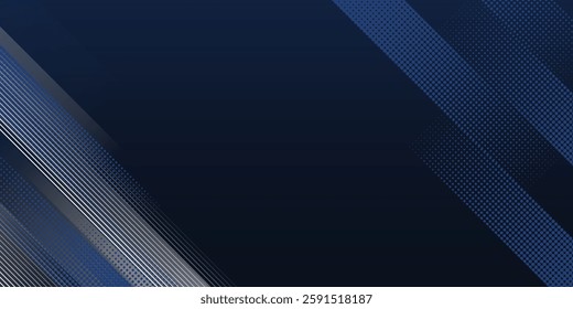 Abstract technology futuristic concept digital of blue light ray diagonal stripes lines texture on dark blue background with metallic silver tab space for your text. Science, energy, Vector