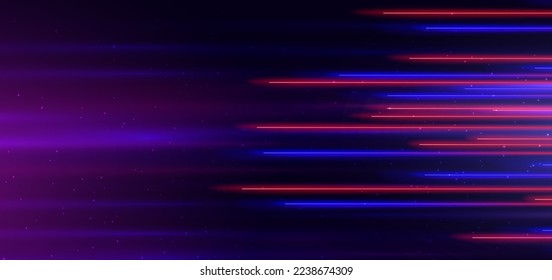 Abstrakte Technologie futuristisches Konzept horizontalen roten anb blauen Linien mit Geschwindigkeit Bewegung unscharfer Effekt auf dunkelblauem Hintergrund. Vektorgrafik