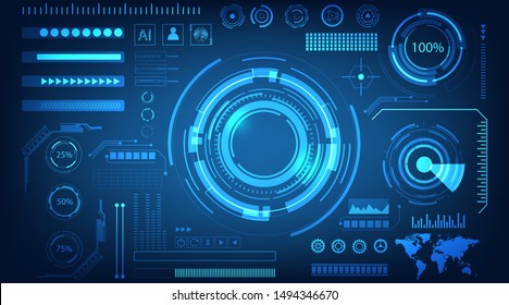 abstract technology futuristic concept HUD interface hologram elements of digital data and circle percent vitality innovation on blue color background.