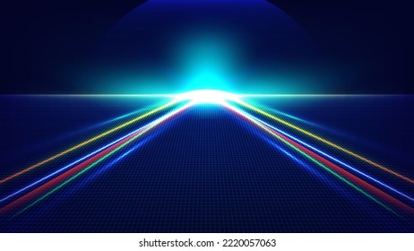 Abstract technology futuristic concept neon glowing lighting arrow lines way light burst on dark blue grid perspective background. Vector illustration