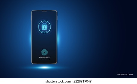 Abstract technology futuristic concept phone protection cyber security digital circle and fingerprint scan on a modern blue background