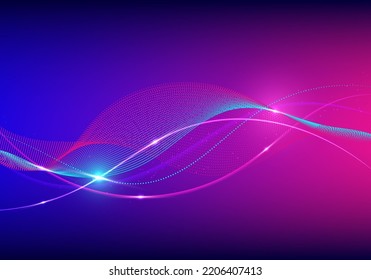 Abstract technology futuristic concept wave lines and dots particles with lighting effect on blue and pink neon colors background. Vector illustration