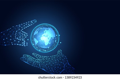 abstract technology futuristic concept world and hand wireframe blue digital on hi tech future blue background network. for template,web design wallpaper,poster,presentation.Vector illustration