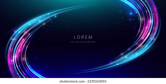 Abstract technology futuristic curved glowing neon blue and pink light lines with speed motion moving on dark blue background. Vector illustration