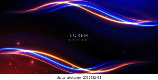 Abstract technology futuristic curved glowing neon blue and orange light ray on dark blue background with lighting effect. Vector illustration