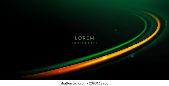 Abstract technology futuristic curved glowing neon green and orange light ray on dark green background with lighting effect. Vector illustration