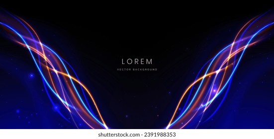 Abstract technology futuristic curved glowing neon blue and orange light ray on dark blue background with lighting effect. Vector illustration