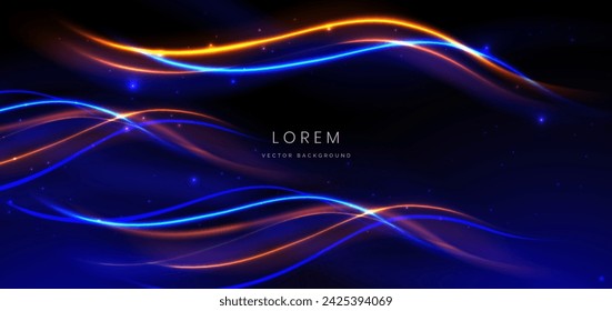 Tecnología abstracta curvada futurista brillante azul neón y naranja rayo claro sobre fondo azul oscuro con efecto de iluminación. Ilustración de vector