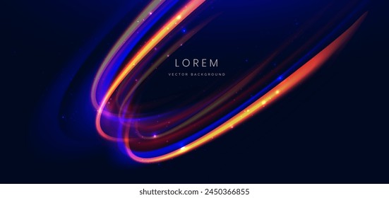 Abstract technology futuristic curved glowing neon blue and orange light ray on dark blue background with lighting effect. Vector illustration