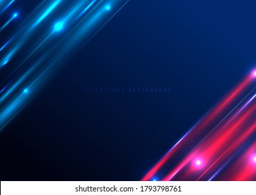 Tecnología de resumen: movimiento de velocidad de efecto de iluminación con rayas diagonales futuristas sobre fondo azul con espacio para tu texto. Ilustración del vector