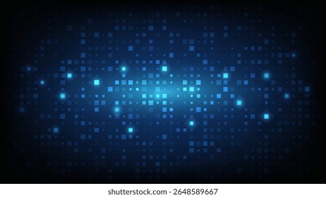 Abstract technology futuristic digital background pixel pattern with lighting glowing particles square elements on dark blue background, vector illustration