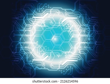 Abstract technology futuristic digital circuit and hexagon with light glowing on dark blue background, illustration vector design background.