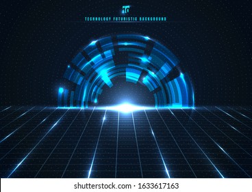 Abstract technology futuristic digital concept engineering gear wheel with perspective grid and lighting glowing particles dots elements on dark blue background. Big data. Vector illustration