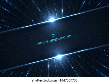 Abstract technology futuristic digital concept perspective grid and lighting effect glowing particles dots elements circle on dark blue background. Big data. Vector illustration