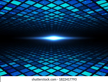 Abstract technology futuristic digital concept square pattern with perspective and lighting glowing particles dots elements on dark blue background. Vector illustration