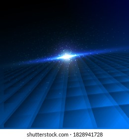 Abstract technology futuristic digital concept square pattern with perspective and lighting glowing particles dots elements on dark blue background. Vector illustration