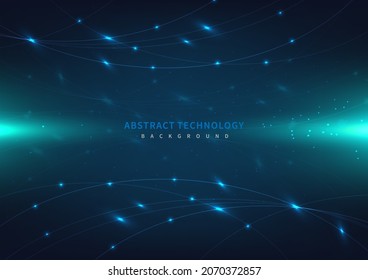 Abstract technology futuristic digital concept laser curved lines pattern with lighting glowing particles on dark blue background. Vector illustration