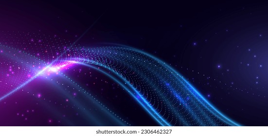 Abstract technology futuristic digital concept wave dot pattern with lighting glowing particles on dark blue background. Vector illustration