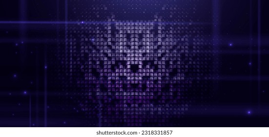 Resumen de la tecnología concepto digital futurista patrón cuadrado con partículas brillantes elementos cuadrados sobre fondo azul oscuro. Ilustración del vector