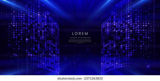 Abstract technology futuristic digital concept square pattern with lighting glowing particles square elements on dark blue background. Vector illustration