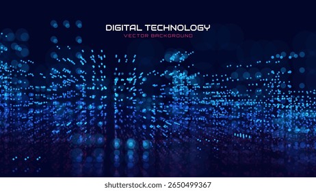 Abstract Technology Futuristic Digital Concept Pattern with Lighting Glowing Circles on Dark Blue Background. High Tech or Science Research Presentation Backdrop. Vector Illustration.