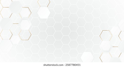 Abstract Technology, Futuristic Digital Hi Tech Concept. Abstract White and Gold Hexagonal Background. Luxury White Pattern. Vector Illustration