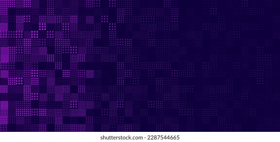 Resumen Tecnología Patrón de cuadrado digital futurista. Elementos cuadrados sobre fondo morado oscuro. Partículas de Rectángulo Metaverse Concepto Fondo, Ciberespacio virtual. Ilustración vectorial.